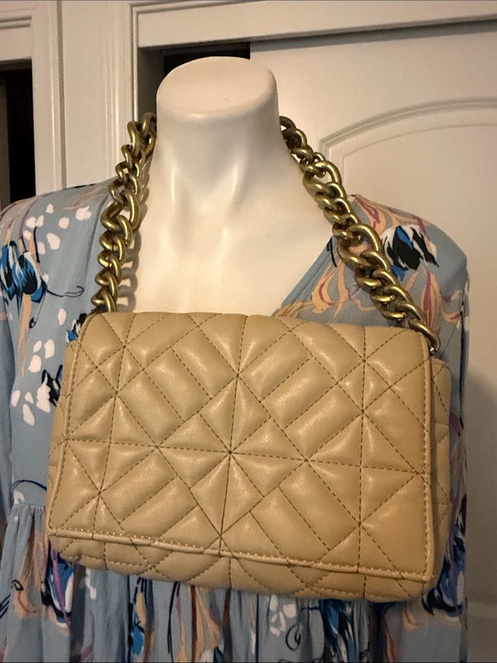 Zara Quilted Beige Shoulder Bag with Gold Chain